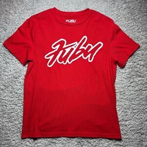 Fubu Shirt Mens Medium Crewneck Tee Red White Spellout Hip Hop Streetwear Casual